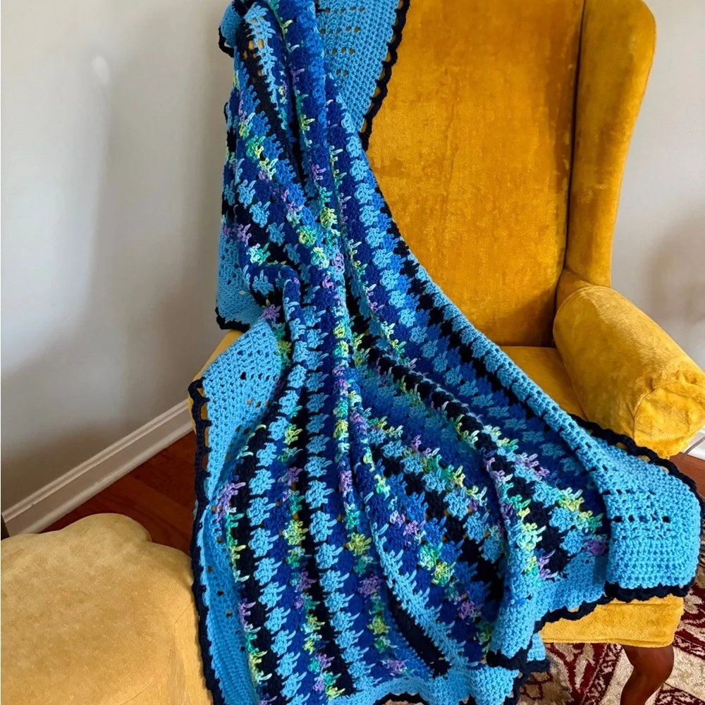 Handmade Blue Multicolor Crochet Afghan Blanket Scalloped Rectangle Multicolor